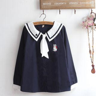Long-sleeve Embroidered Cat Contrast Trim Shirt