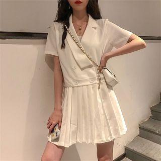 Short Sleeve Pleated Panel V-neck A-line Dress