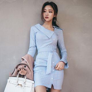 Gathered-waist Long-sleeved Striped Slim Sheath Dress