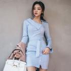 Gathered-waist Long-sleeved Striped Slim Sheath Dress