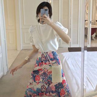 Short-sleeve Top Blouse / Midi A-line Skirt