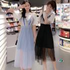 Short-sleeve T-shirt / Spaghetti Strap Midi Mesh Dress / Spaghetti Strap Midi Floral Dress / Set