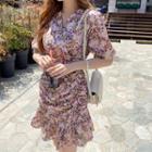 Floral Print Shirred Dress Pink - One Size