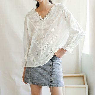 Scallop Trim Eyelet Lace Blouse White - One Size