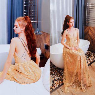 Strappy Sequined Open Back A-line Evening Gown