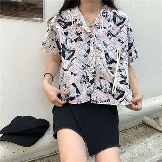 Elbow-sleeve Printed Hooded Shirt Light Pink - One Size