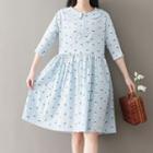 Floral Print 3/4-sleeve Collared A-line Dress