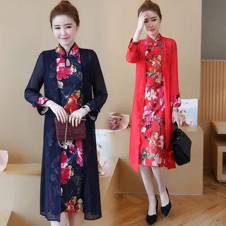 Set: Floral Print Long Sleeve Qipao + Plain Light Jacket