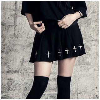 Cross Embroidered Pleated Mini Skirt Black - One Size