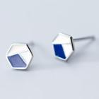 925 Sterling Silver Color Panel Ear Stud 1 Pair - S925 Silver - Hexagon - Dark Blue & Off-white & White - One Size