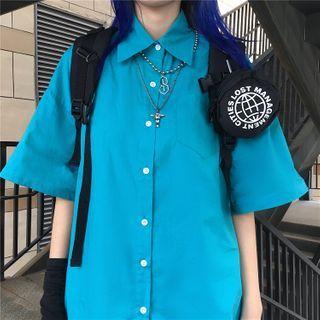 Plain Short Sleeve Shirt Blue - One Size