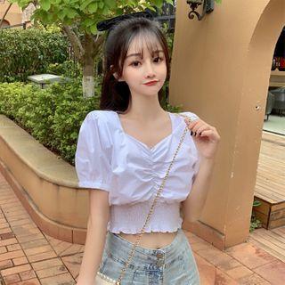 Cropped Puff-sleeve V-neck Blouse