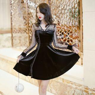 V-neck Dotted Lace Panel Velvet A-line Dress