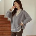 V-neck Piped Zip-up Cardigan