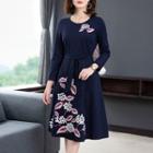 Long-sleeve Floral Embroidered Tie-front A-line Dress