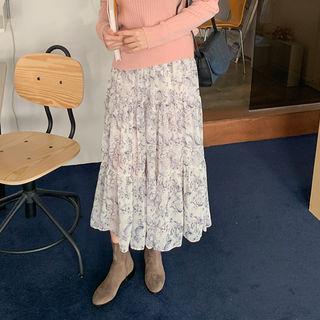 Band-waist Printed Tiered Skirt