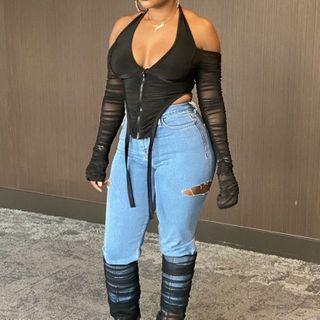 Cold-shoulder Zip-up Mesh Blouse