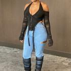 Cold-shoulder Zip-up Mesh Blouse