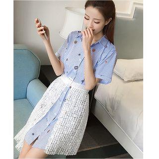 Set : Print Short-sleeve Blouse + Mesh Skirt