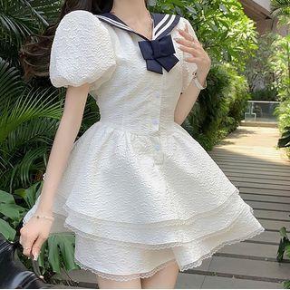 Puff-sleeve Lace Trim Bow Accent Mini A-line Dress