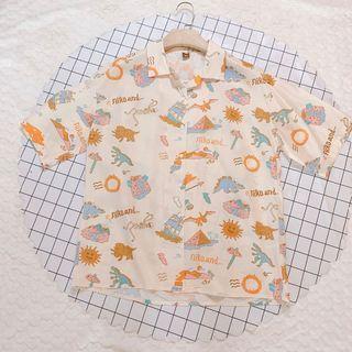 Short-sleeve Print Shirt Orange & Blue & Pink & Beige - One Size