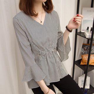 Bell-sleeve Striped Dip Back Chiffon Blouse