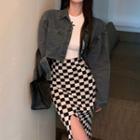 Cropped Denim Jacket / Checkered Knit Midi Pencil Skirt