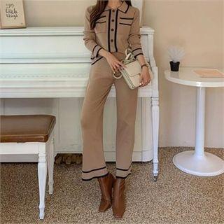 Contrast-trim Knit Shirt & Pants Set
