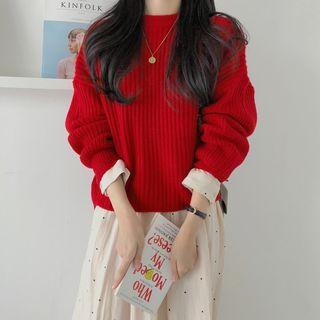 Plain Sweater / Long-sleeve Tie-back Dotted Midi A-line Dress