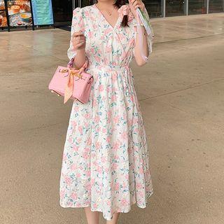 Short-sleeve V-neck Floral Lace-up Dress