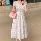 Short-sleeve V-neck Floral Lace-up Dress