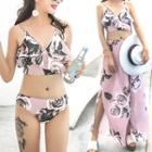 Set: Floral Print Bikini + Slit Wide Leg Pants