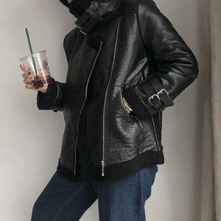 Faux Leather Buckled Zip Jacket