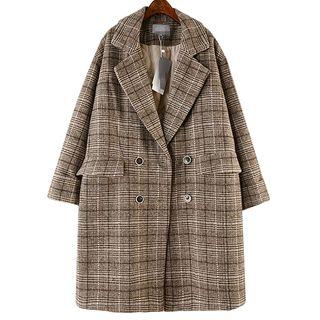 Notch-lapel Double-breasted Plaid Coat As Shown In Figure - One Size