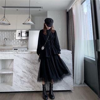 Long-sleeve Shirt / Midi Mesh Skirt / Set