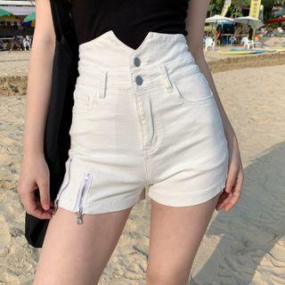High Waist Asymmetrical Zipper Denim Hot Pants