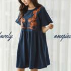 Flower-embroidered Mini Empire Dress