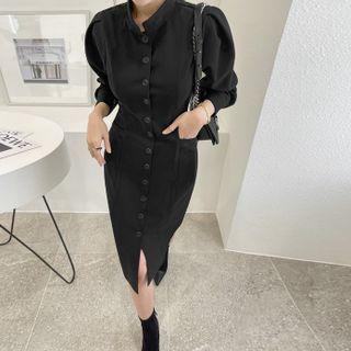 Puff-sleeve Detachable-collar Midi Shirtdress
