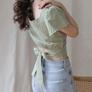 V-neck Bow-back Plaid Short-sleeve Blouse