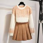 Set: Color Block Sweater + Pleated Skirt