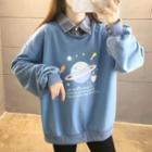 Mock Two-piece Planet Print Collared Sweatshirt