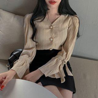 V-neck Ribbed Tie-cuff Blouse