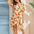 Flower Print Short-sleeve Ruffle Hem A-line Wrap Dress