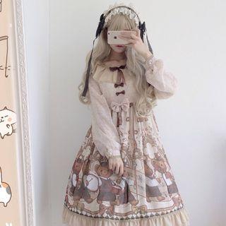 Printed Ruffle Trim Long-sleeve Dress