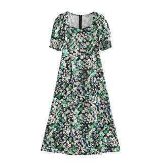 Puff-sleeve Square-neck Floral Midi Dress
