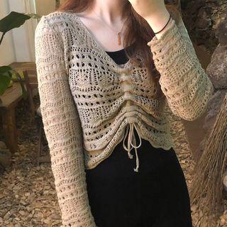 V-neck Crochet Drawstring Top