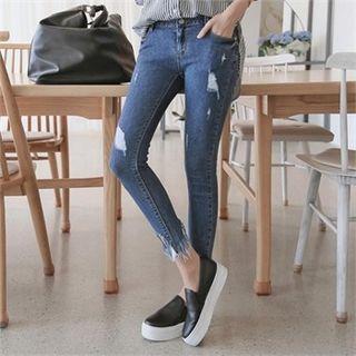Cutout Fringe-hem Distressed Skinny Jeans