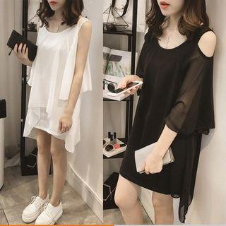 Cut Out Shoulder 3/4 Sleeve Chiffon Dress