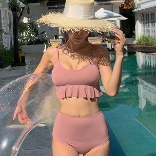 Set: Frill Trim Bikini Top + High-waist Bottoms