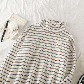 Striped Turtle-neck Long-sleeve Top As Figure - One Size